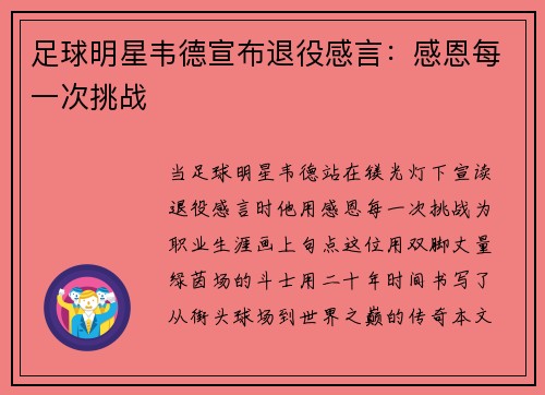 足球明星韦德宣布退役感言：感恩每一次挑战
